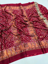 Load image into Gallery viewer, Desiring Function Wear Pure Satin Silk Ajrak Printed Rich Pallu n Original Mirror Work Designer Saree With Blouse Piece
