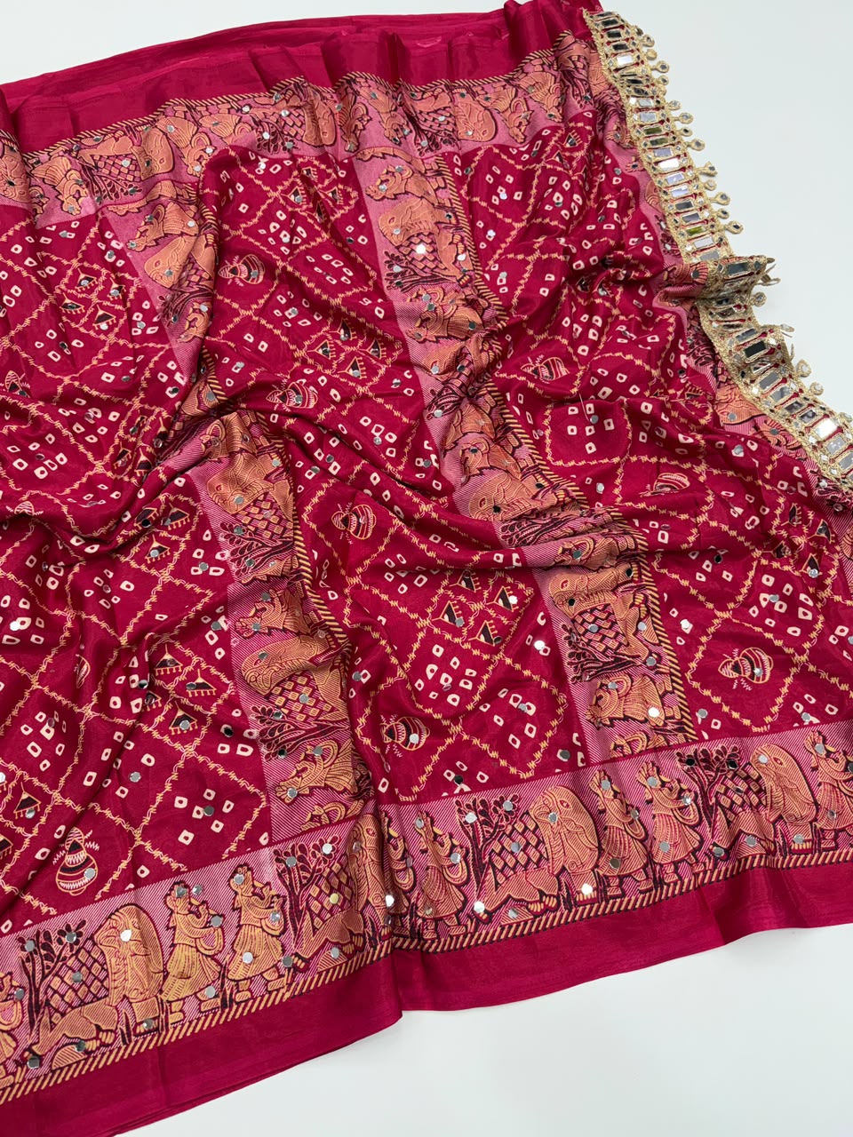 Desiring Function Wear Pure Satin Silk Ajrak Printed Rich Pallu n Original Mirror Work Designer Saree With Blouse Piece