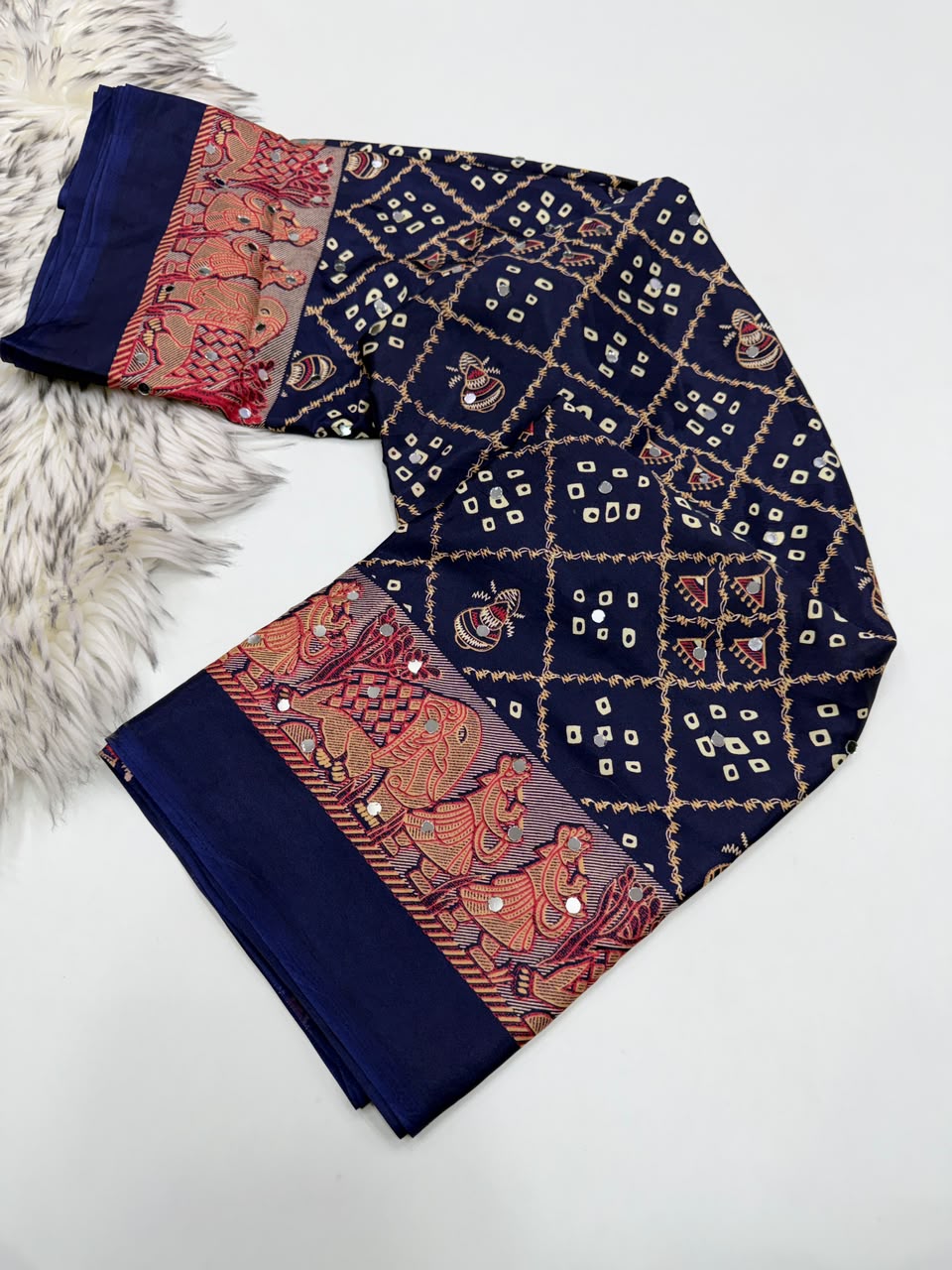 Desiring Function Wear Pure Satin Silk Ajrak Printed Rich Pallu n Original Mirror Work Designer Saree With Blouse Piece