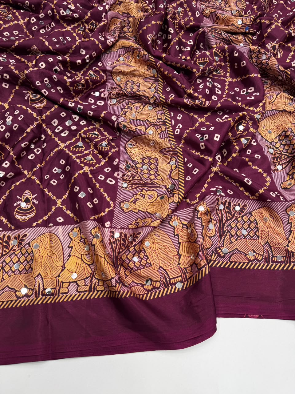 Desiring Function Wear Pure Satin Silk Ajrak Printed Rich Pallu n Original Mirror Work Designer Saree With Blouse Piece