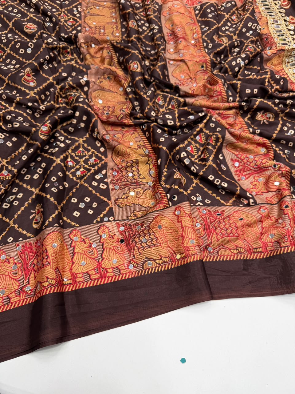 Desiring Function Wear Pure Satin Silk Ajrak Printed Rich Pallu n Original Mirror Work Designer Saree With Blouse Piece