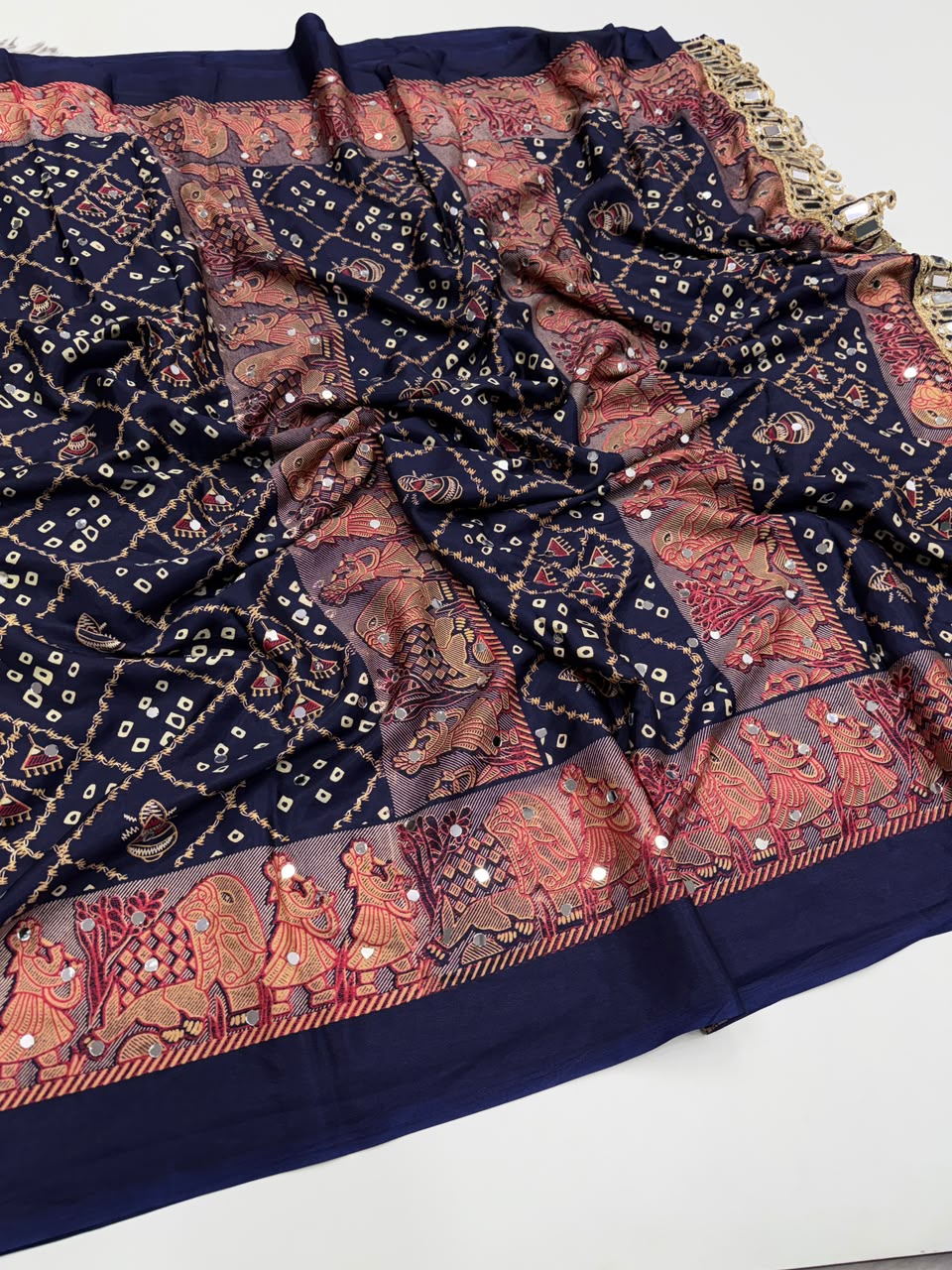 Desiring Function Wear Pure Satin Silk Ajrak Printed Rich Pallu n Original Mirror Work Designer Saree With Blouse Piece