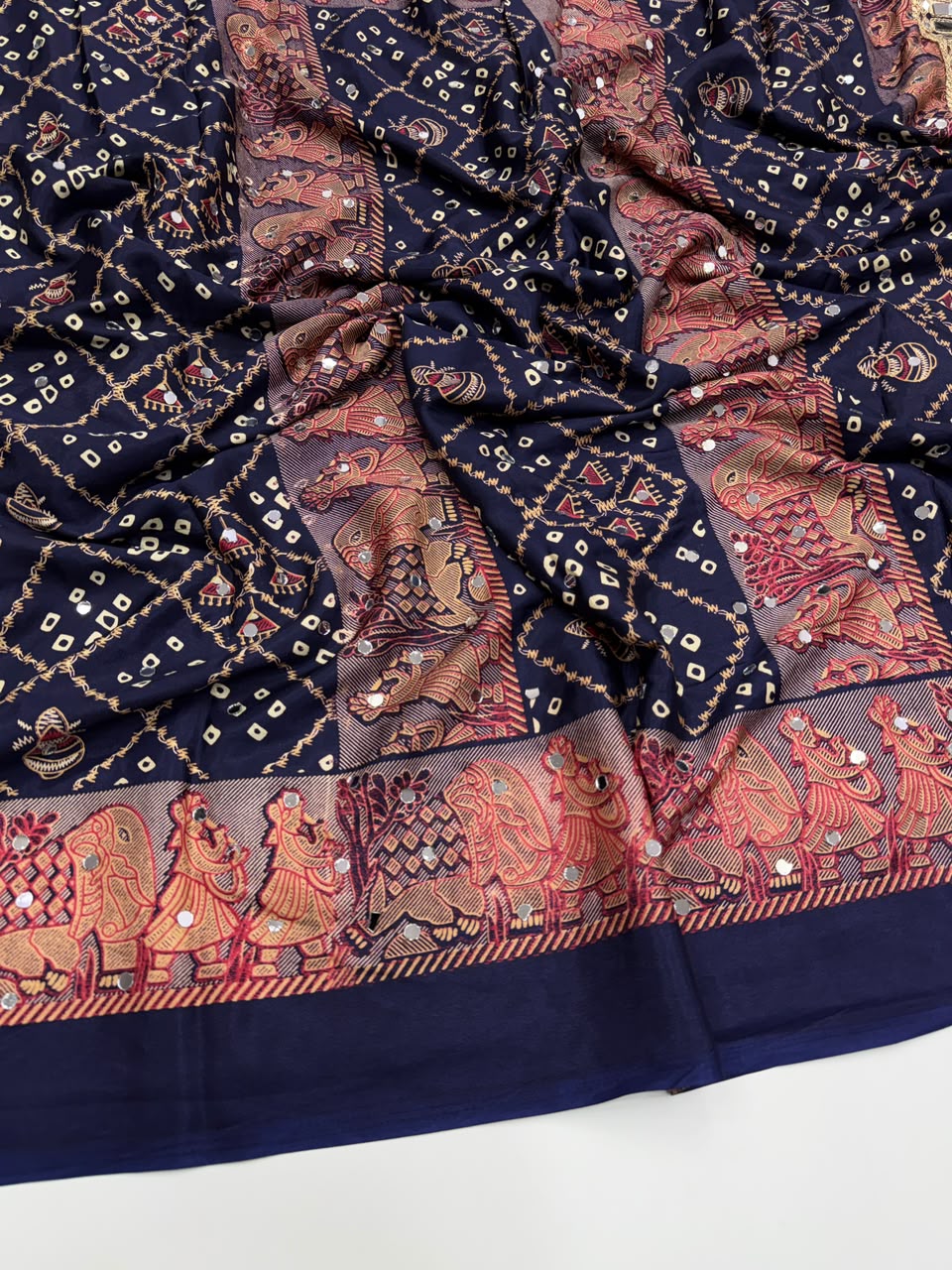 Desiring Function Wear Pure Satin Silk Ajrak Printed Rich Pallu n Original Mirror Work Designer Saree With Blouse Piece