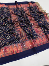 Load image into Gallery viewer, Desiring Function Wear Pure Satin Silk Ajrak Printed Rich Pallu n Original Mirror Work Designer Saree With Blouse Piece
