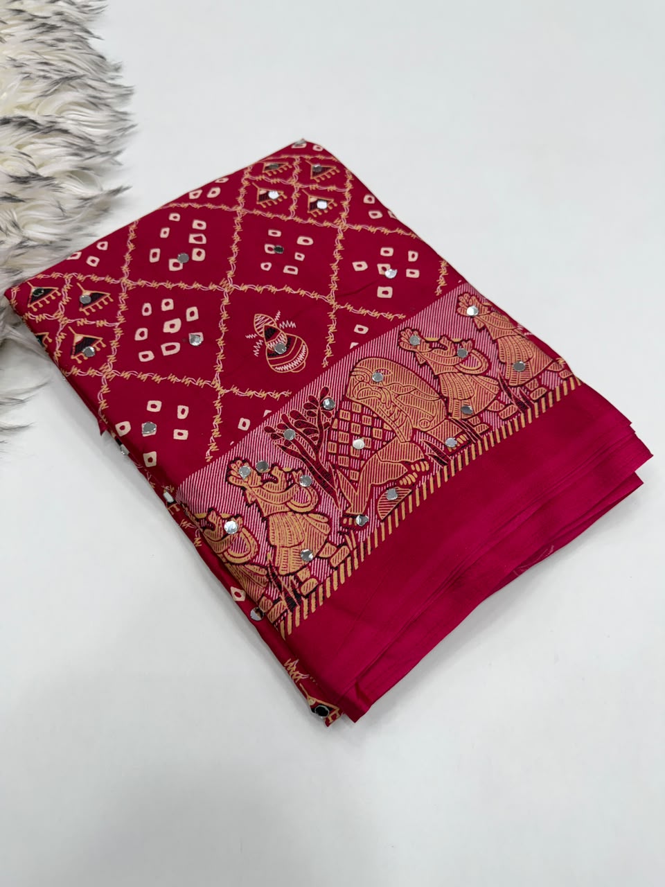 Desiring Function Wear Pure Satin Silk Ajrak Printed Rich Pallu n Original Mirror Work Designer Saree With Blouse Piece