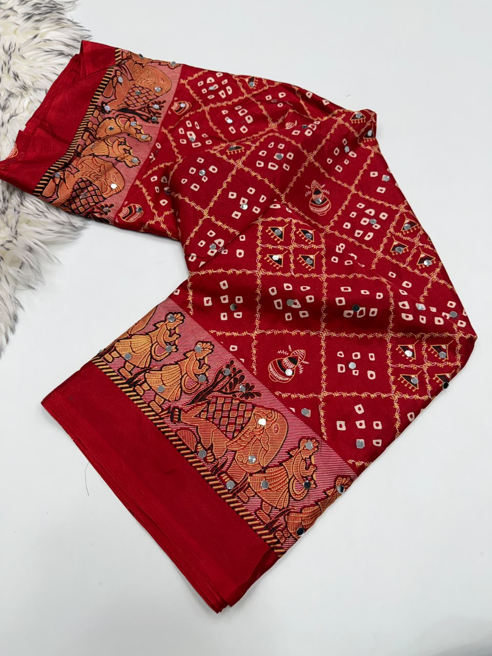 Desiring Function Wear Pure Satin Silk Ajrak Printed Rich Pallu n Original Mirror Work Designer Saree With Blouse Piece