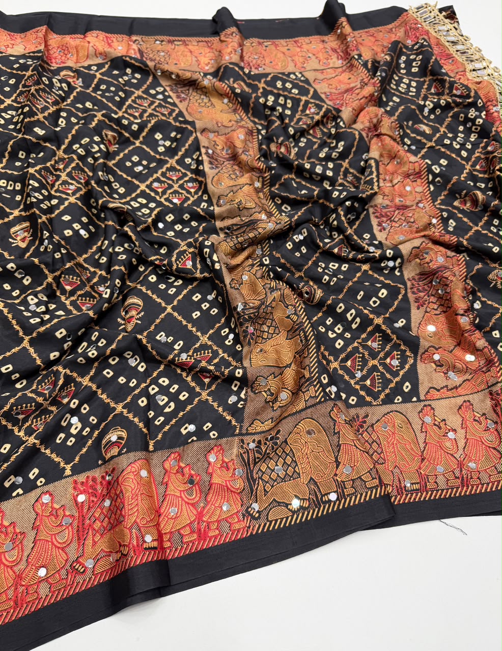 Desiring Function Wear Pure Satin Silk Ajrak Printed Rich Pallu n Original Mirror Work Designer Saree With Blouse Piece