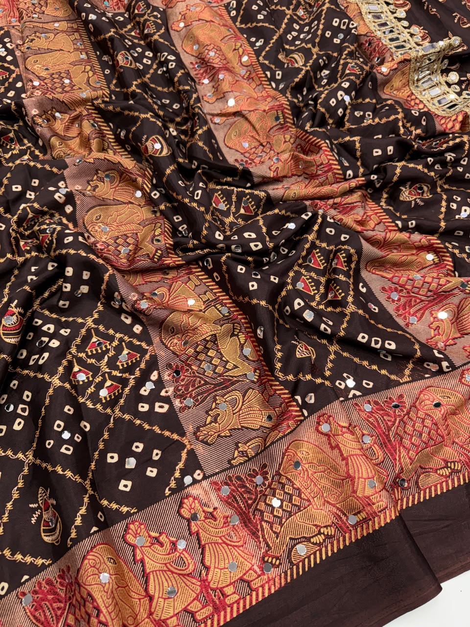Desiring Function Wear Pure Satin Silk Ajrak Printed Rich Pallu n Original Mirror Work Designer Saree With Blouse Piece