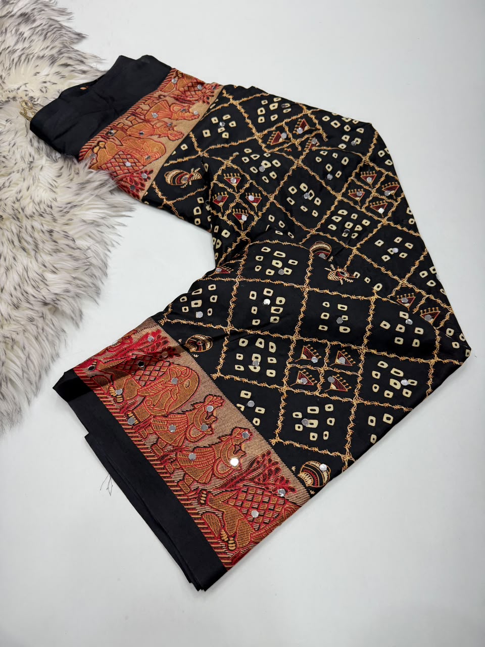 Desiring Function Wear Pure Satin Silk Ajrak Printed Rich Pallu n Original Mirror Work Designer Saree With Blouse Piece