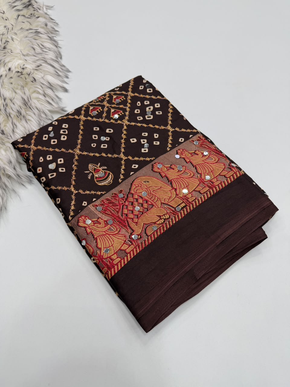 Desiring Function Wear Pure Satin Silk Ajrak Printed Rich Pallu n Original Mirror Work Designer Saree With Blouse Piece