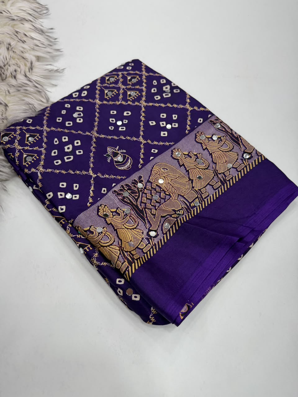 Desiring Function Wear Pure Satin Silk Ajrak Printed Rich Pallu n Original Mirror Work Designer Saree With Blouse Piece