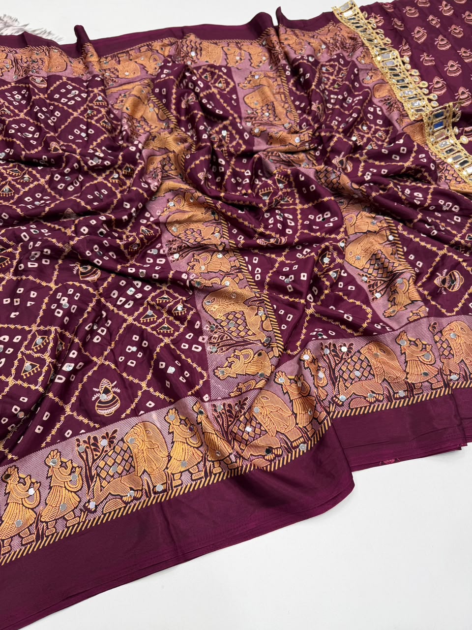 Desiring Function Wear Pure Satin Silk Ajrak Printed Rich Pallu n Original Mirror Work Designer Saree With Blouse Piece