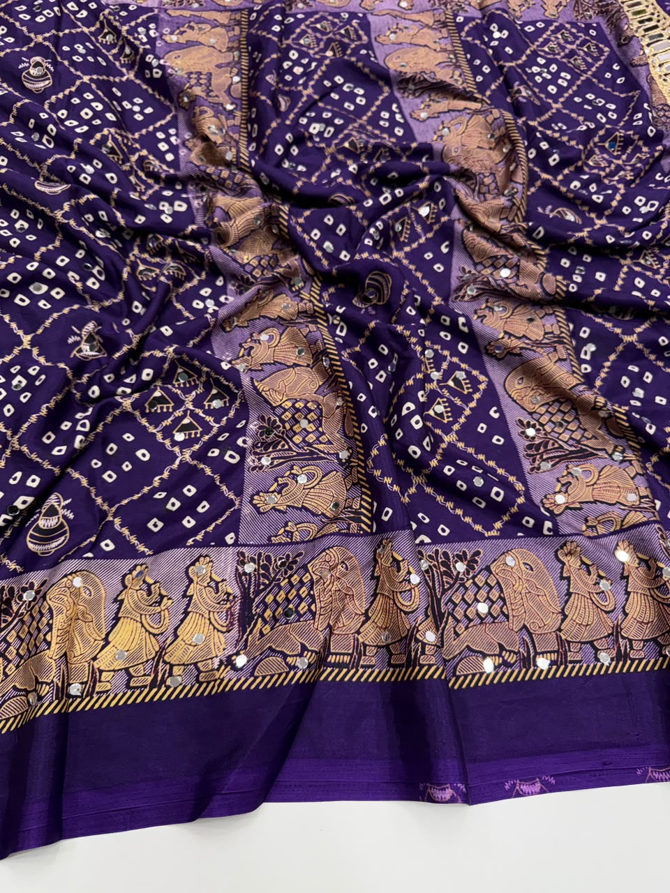 Desiring Function Wear Pure Satin Silk Ajrak Printed Rich Pallu n Original Mirror Work Designer Saree With Blouse Piece