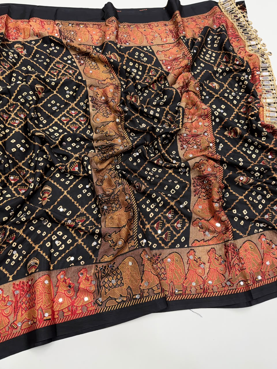 Desiring Function Wear Pure Satin Silk Ajrak Printed Rich Pallu n Original Mirror Work Designer Saree With Blouse Piece