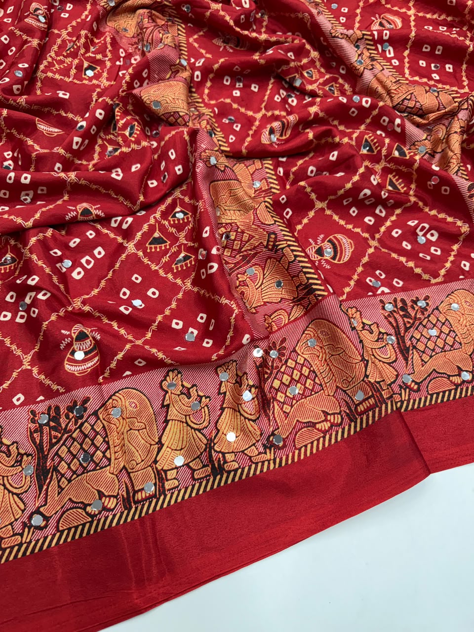 Desiring Function Wear Pure Satin Silk Ajrak Printed Rich Pallu n Original Mirror Work Designer Saree With Blouse Piece