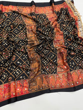 Load image into Gallery viewer, Desiring Function Wear Pure Satin Silk Ajrak Printed Rich Pallu n Original Mirror Work Designer Saree With Blouse Piece
