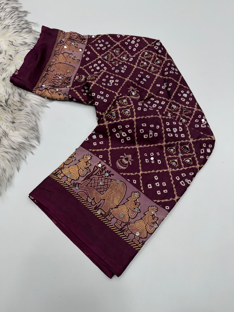 Desiring Function Wear Pure Satin Silk Ajrak Printed Rich Pallu n Original Mirror Work Designer Saree With Blouse Piece