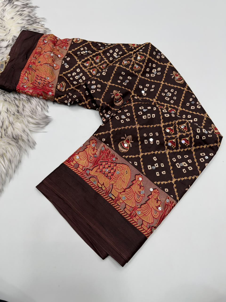 Desiring Function Wear Pure Satin Silk Ajrak Printed Rich Pallu n Original Mirror Work Designer Saree With Blouse Piece