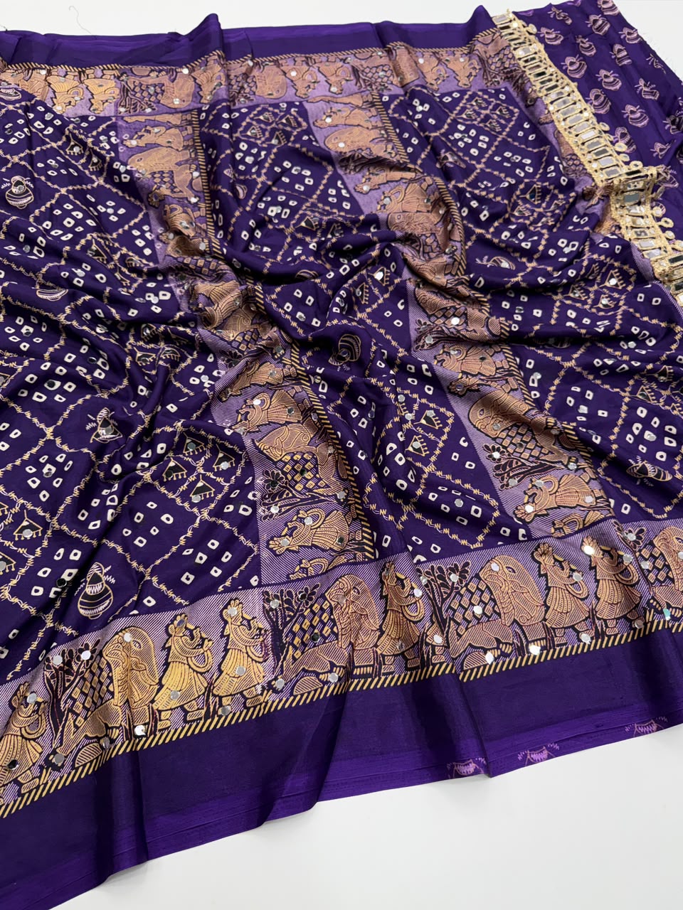 Desiring Function Wear Pure Satin Silk Ajrak Printed Rich Pallu n Original Mirror Work Designer Saree With Blouse Piece