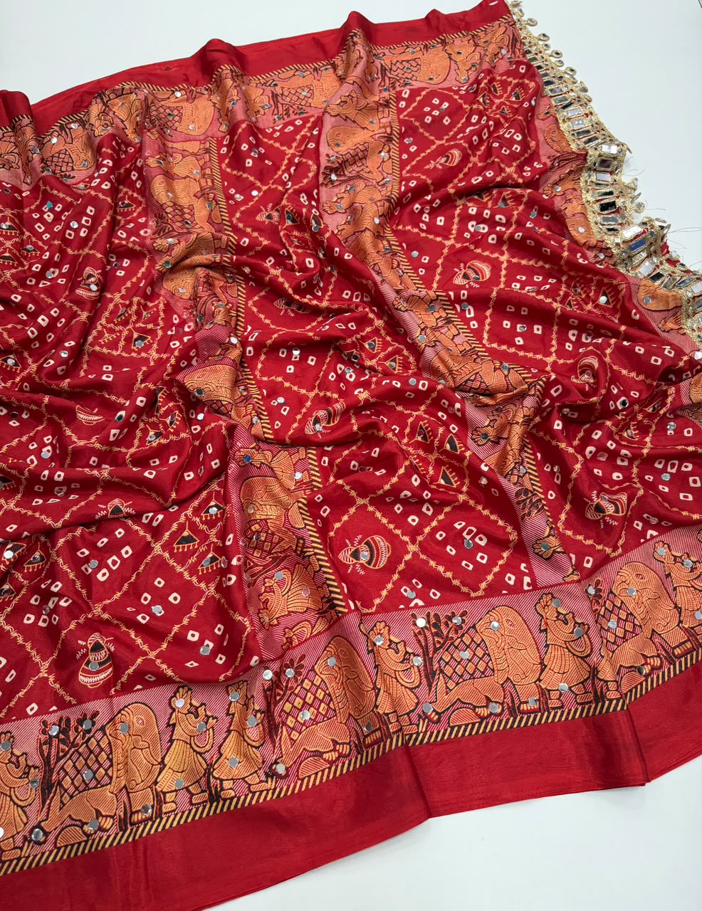 Desiring Function Wear Pure Satin Silk Ajrak Printed Rich Pallu n Original Mirror Work Designer Saree With Blouse Piece