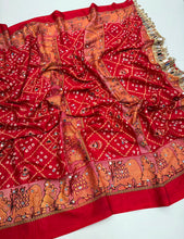 Load image into Gallery viewer, Desiring Function Wear Pure Satin Silk Ajrak Printed Rich Pallu n Original Mirror Work Designer Saree With Blouse Piece
