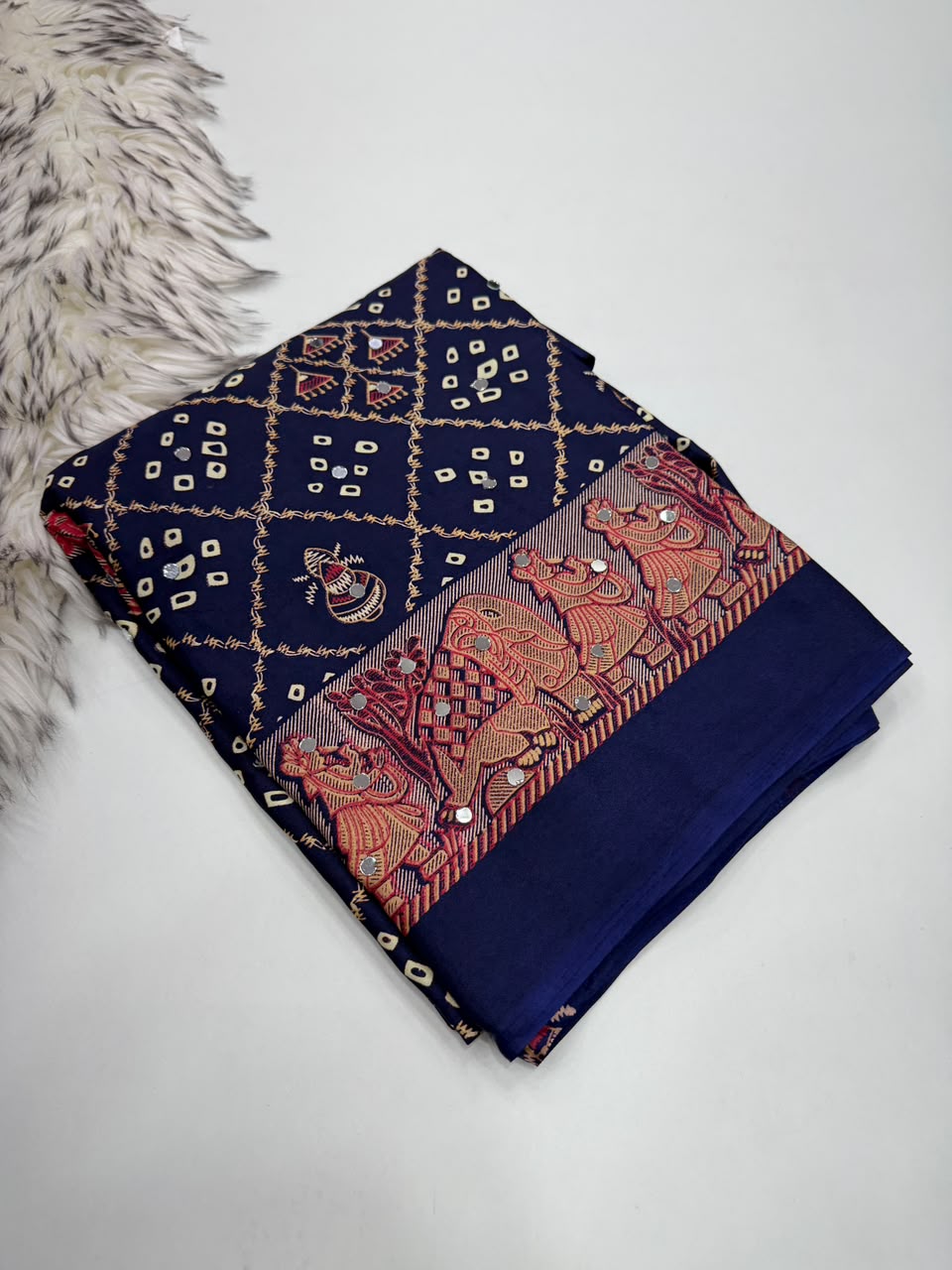 Desiring Function Wear Pure Satin Silk Ajrak Printed Rich Pallu n Original Mirror Work Designer Saree With Blouse Piece