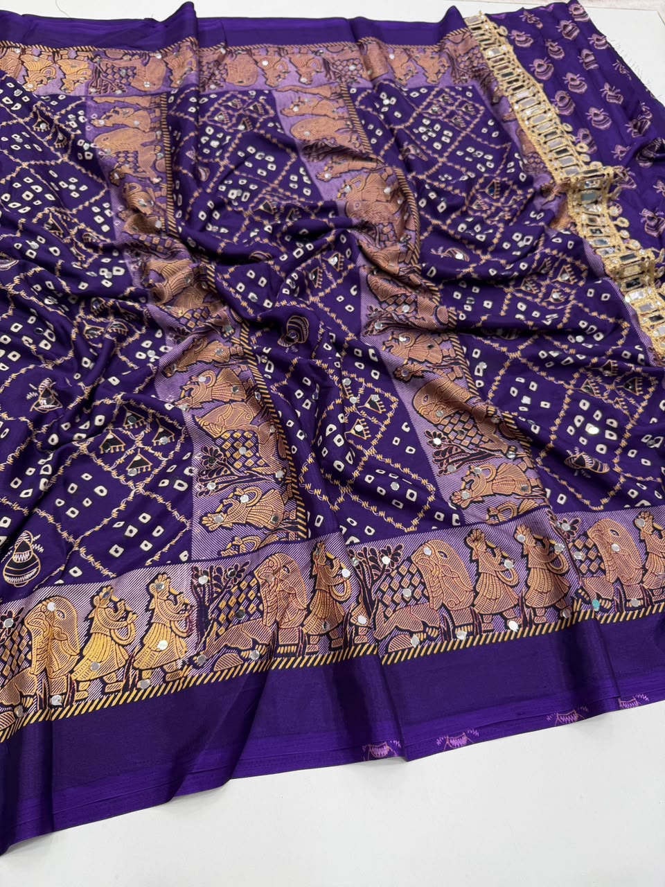 Desiring Function Wear Pure Satin Silk Ajrak Printed Rich Pallu n Original Mirror Work Designer Saree With Blouse Piece