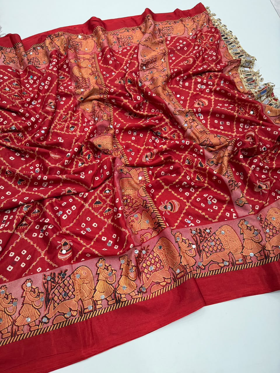 Desiring Function Wear Pure Satin Silk Ajrak Printed Rich Pallu n Original Mirror Work Designer Saree With Blouse Piece