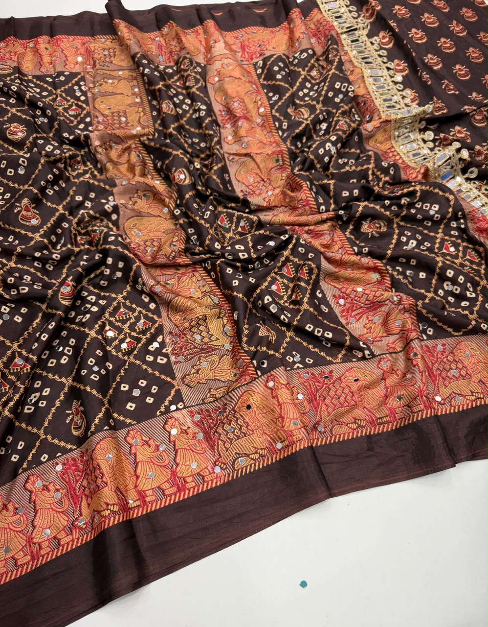 Desiring Function Wear Pure Satin Silk Ajrak Printed Rich Pallu n Original Mirror Work Designer Saree With Blouse Piece