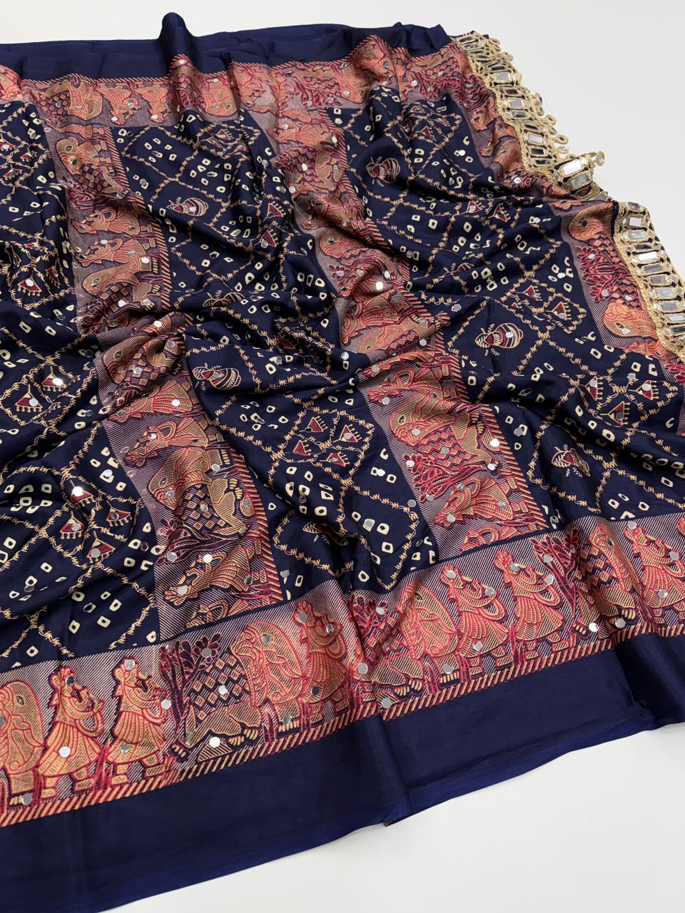 Desiring Function Wear Pure Satin Silk Ajrak Printed Rich Pallu n Original Mirror Work Designer Saree With Blouse Piece