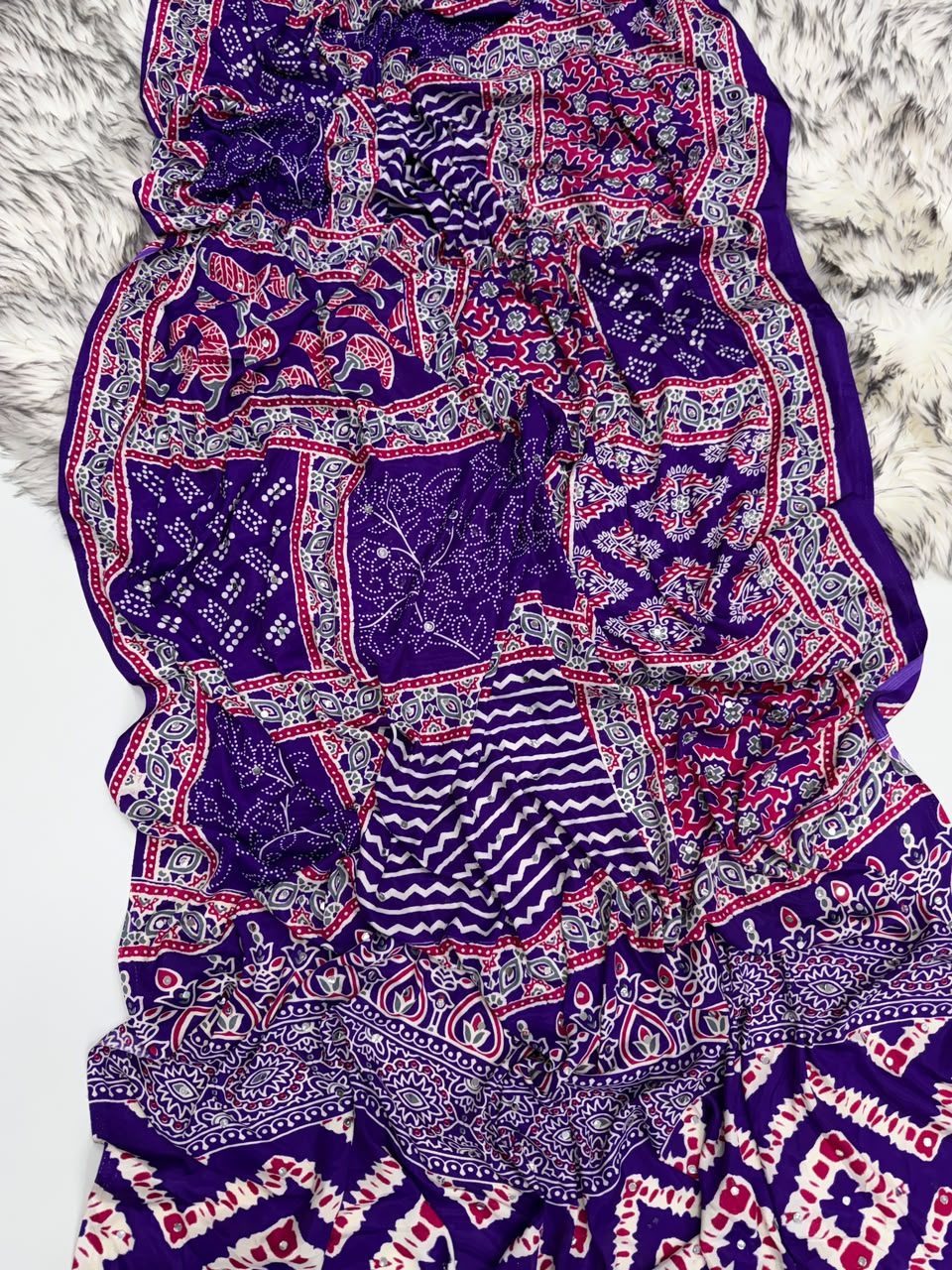 Heritage Function Wear Pure Satin Silk Ajrak Printed Rich Pallu n Mirror Work Designer Saree With Blouse Piece