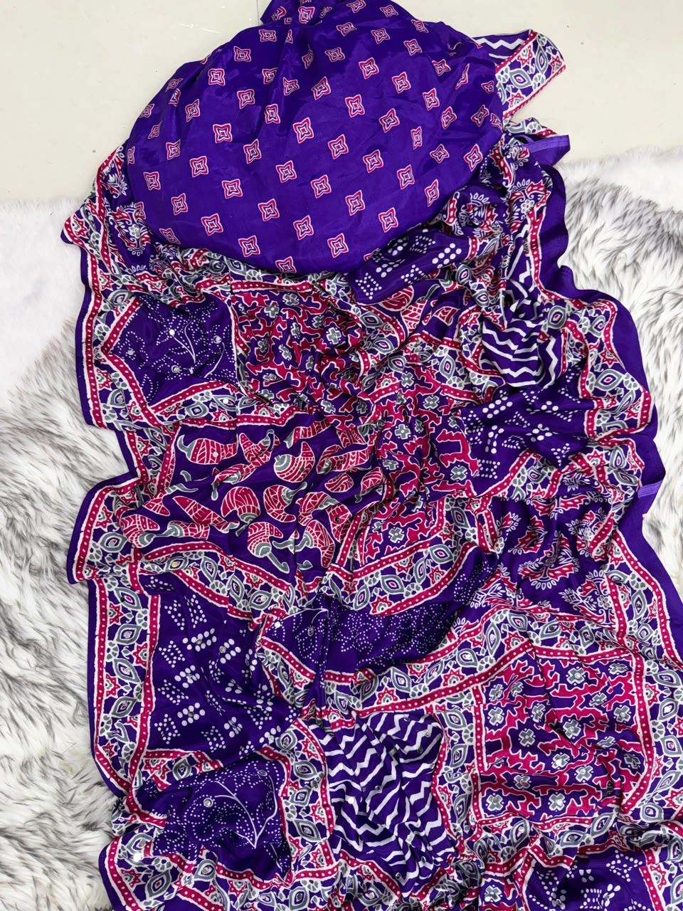 Heritage Function Wear Pure Satin Silk Ajrak Printed Rich Pallu n Mirror Work Designer Saree With Blouse Piece