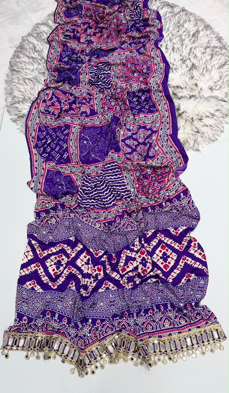 Heritage Function Wear Pure Satin Silk Ajrak Printed Rich Pallu n Mirror Work Designer Saree With Blouse Piece