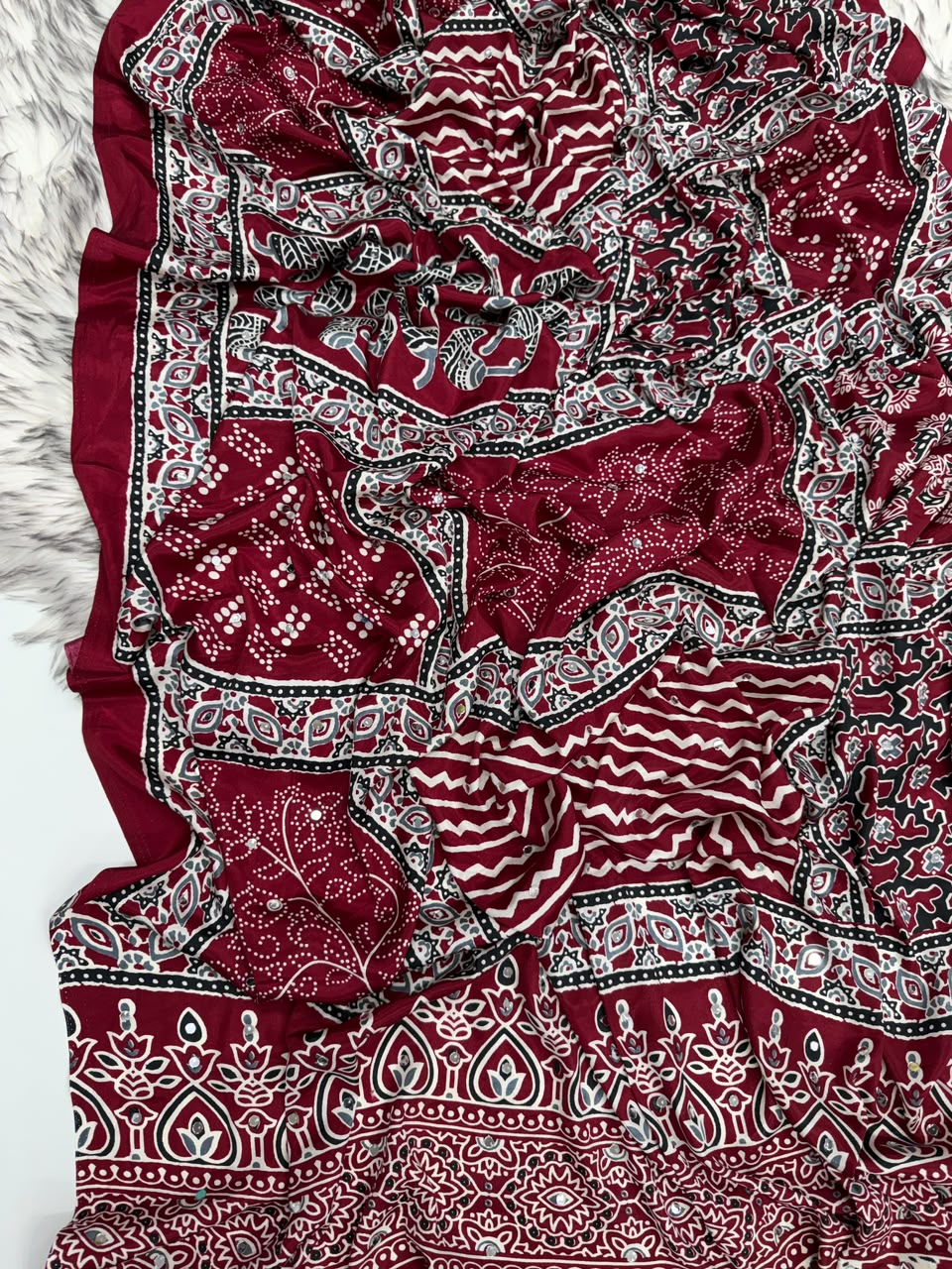 Heritage Function Wear Pure Satin Silk Ajrak Printed Rich Pallu n Mirror Work Designer Saree With Blouse Piece