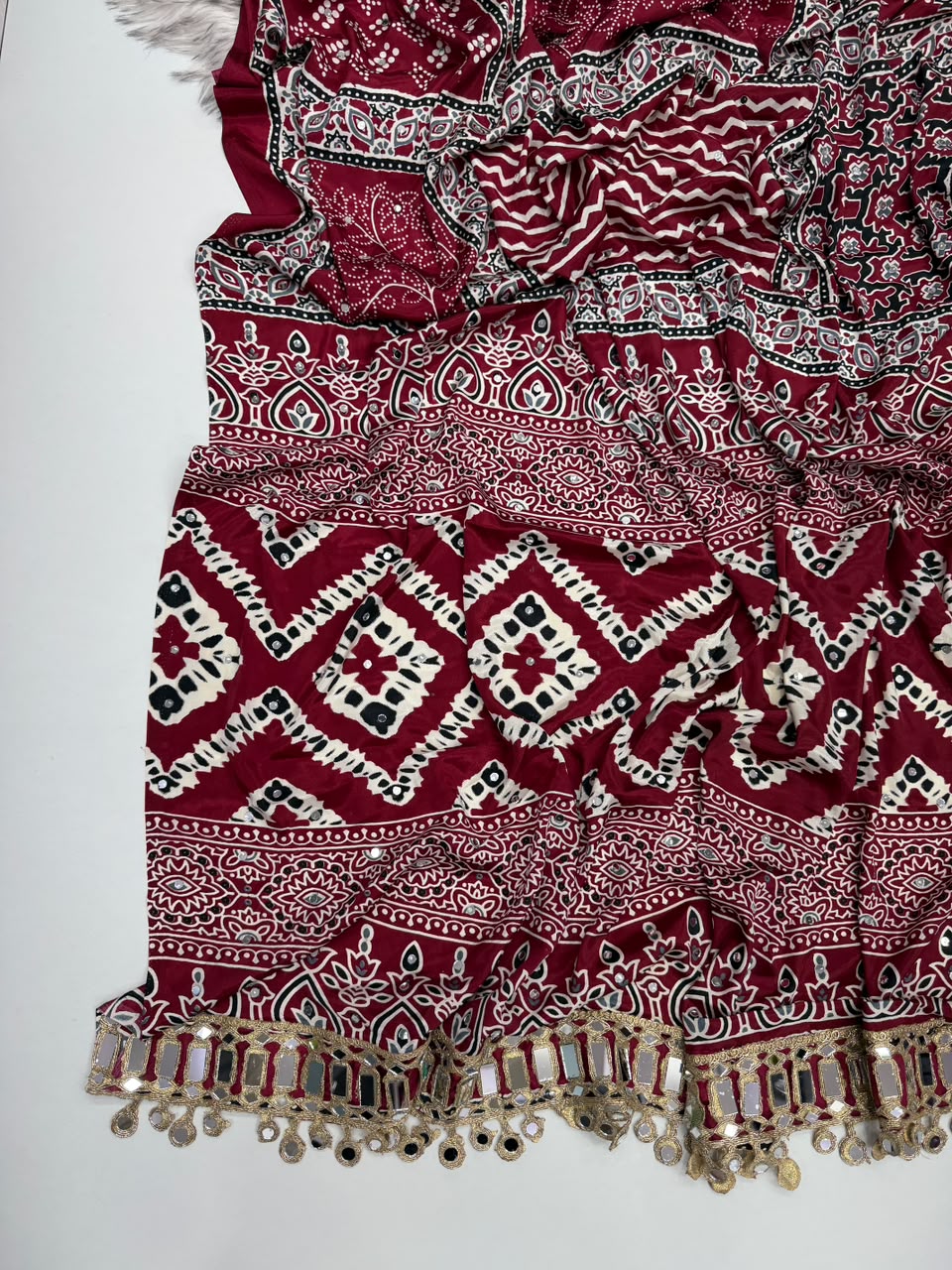 Heritage Function Wear Pure Satin Silk Ajrak Printed Rich Pallu n Mirror Work Designer Saree With Blouse Piece