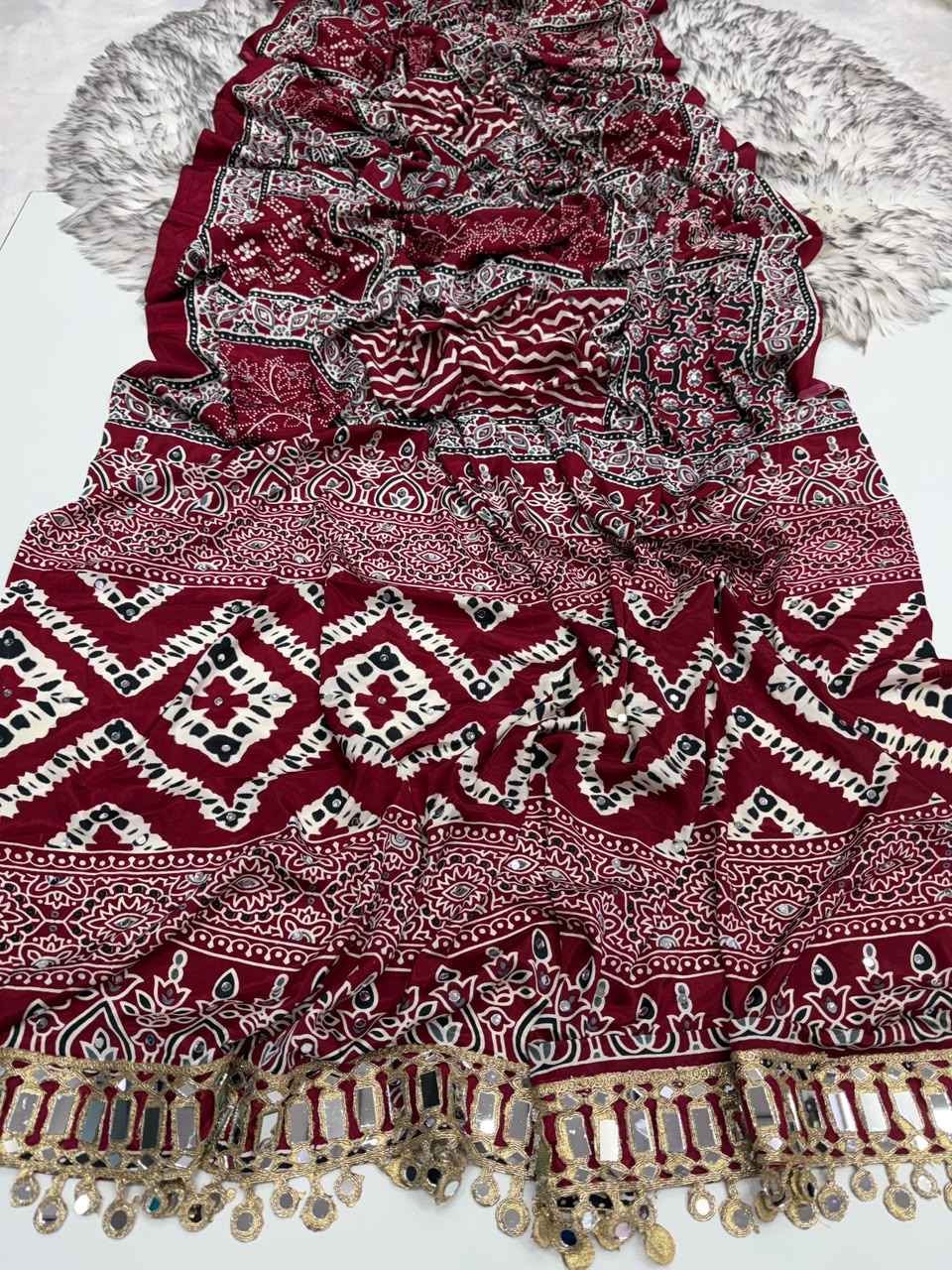 Heritage Function Wear Pure Satin Silk Ajrak Printed Rich Pallu n Mirror Work Designer Saree With Blouse Piece