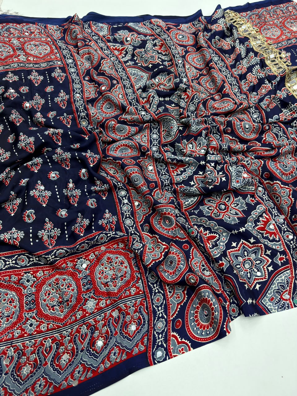 Impressive Party Wear Pure Satin Silk Ajrak Printed Rich Pallu n Mirror Work Fancy Saree With Blouse Piece