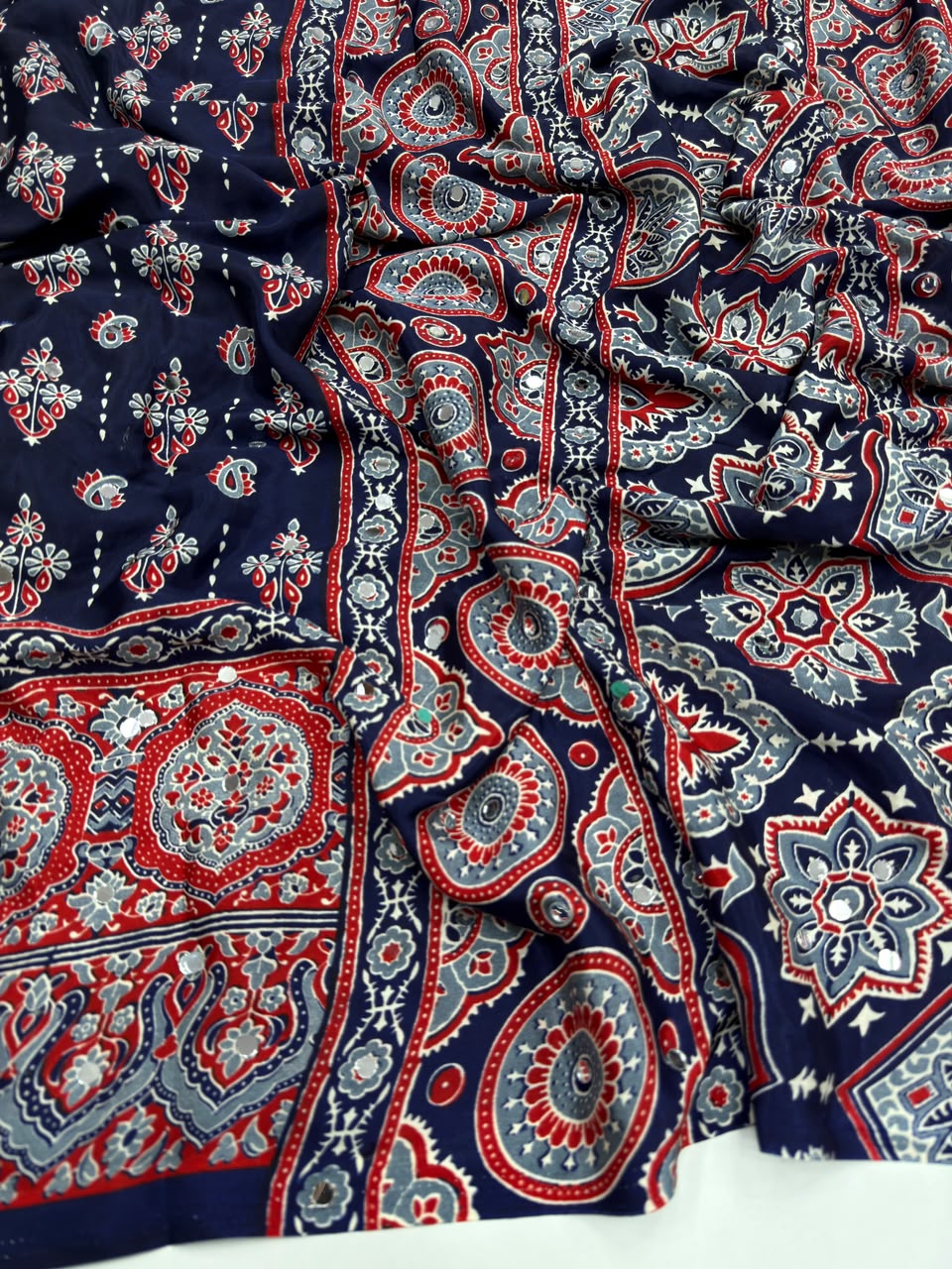 Impressive Party Wear Pure Satin Silk Ajrak Printed Rich Pallu n Mirror Work Fancy Saree With Blouse Piece