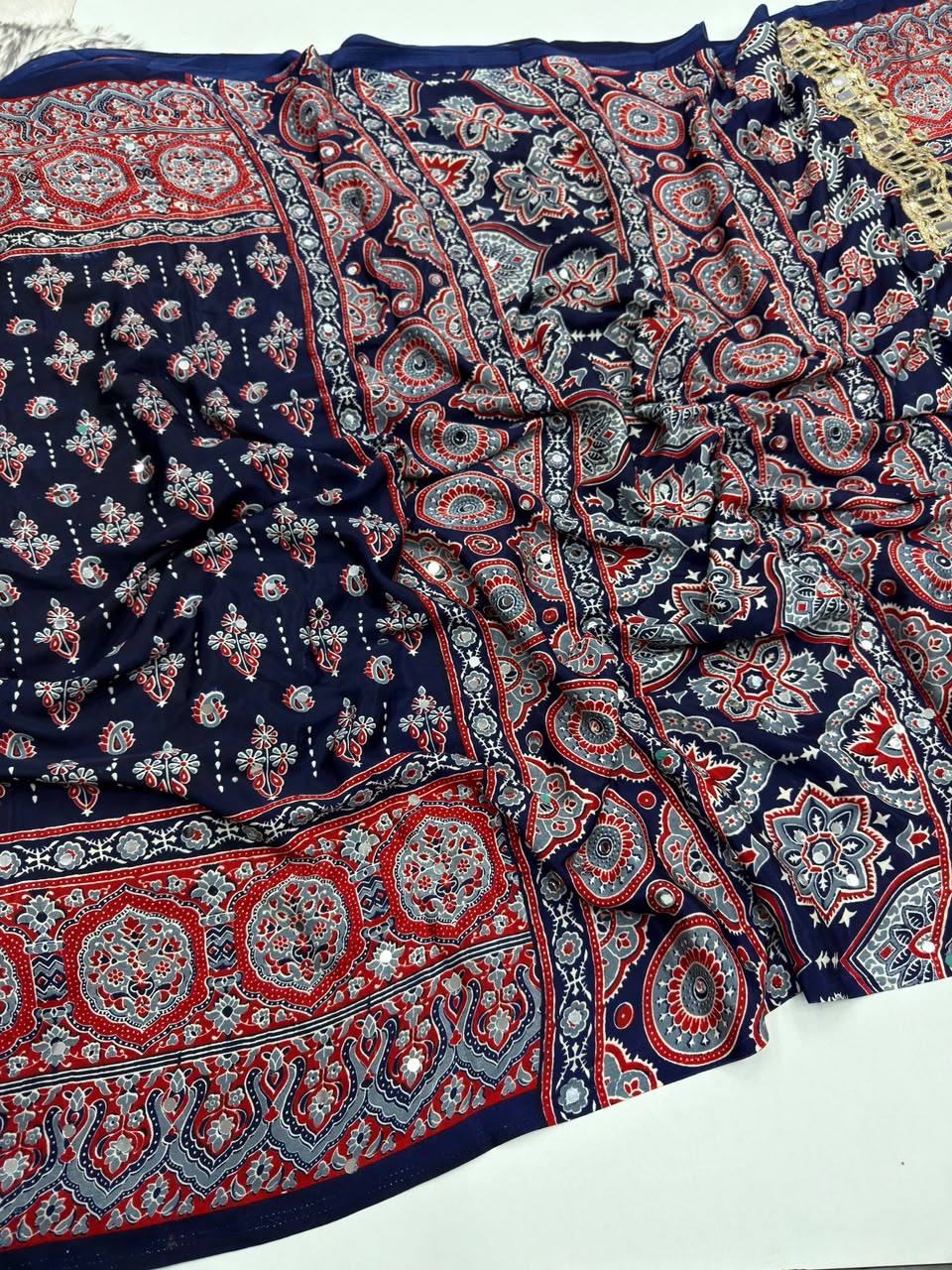 Impressive Party Wear Pure Satin Silk Ajrak Printed Rich Pallu n Mirror Work Fancy Saree With Blouse Piece