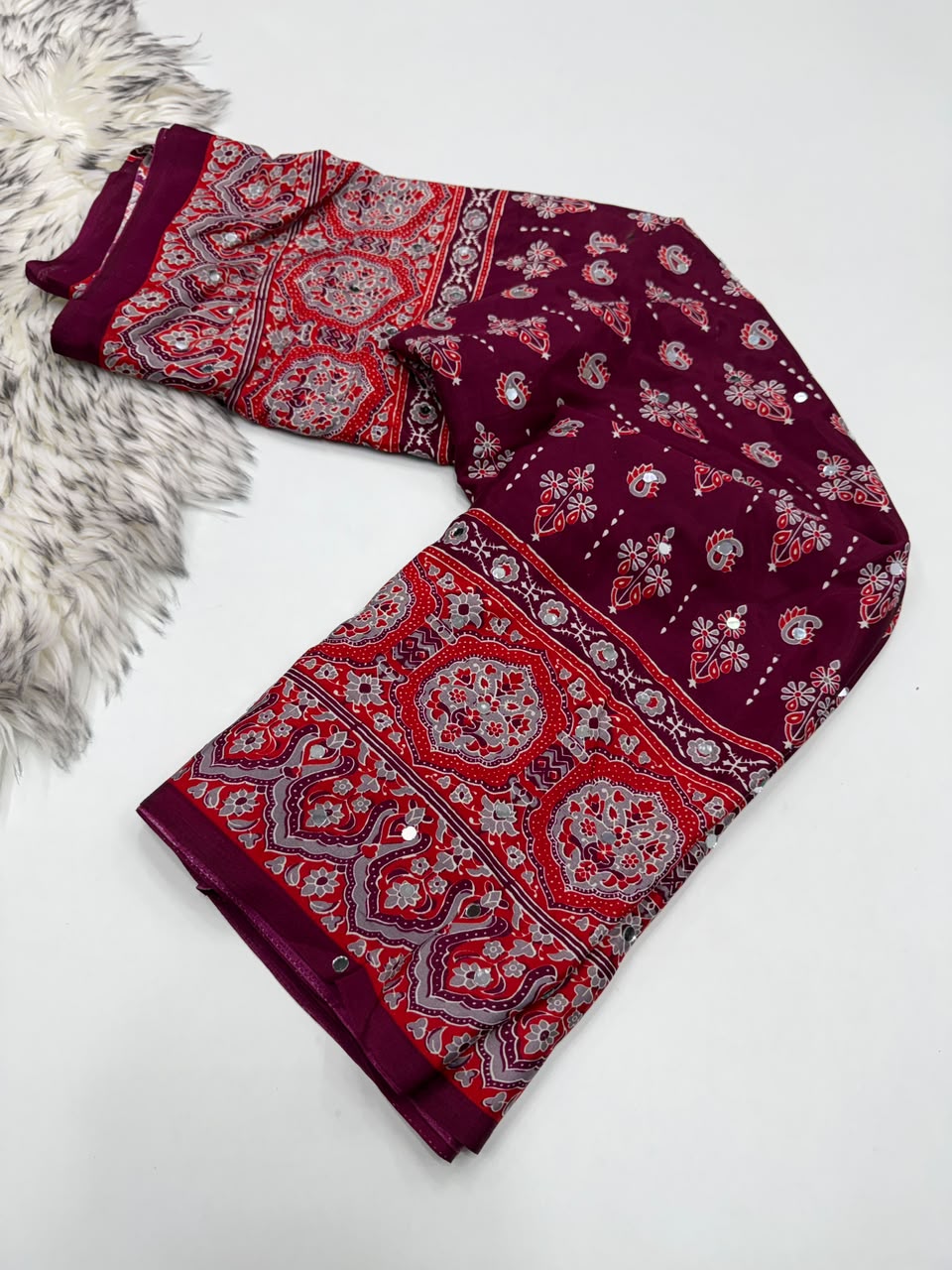Impressive Party Wear Pure Satin Silk Ajrak Printed Rich Pallu n Mirror Work Fancy Saree With Blouse Piece