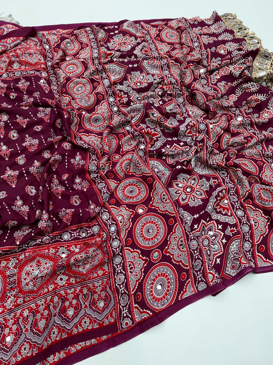 Impressive Party Wear Pure Satin Silk Ajrak Printed Rich Pallu n Mirror Work Fancy Saree With Blouse Piece