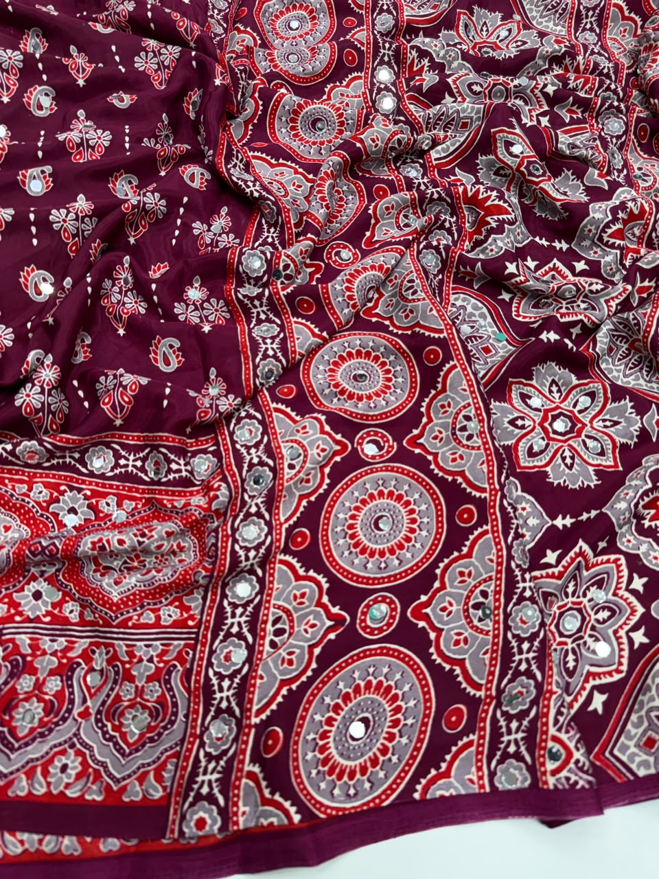 Impressive Party Wear Pure Satin Silk Ajrak Printed Rich Pallu n Mirror Work Fancy Saree With Blouse Piece