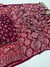 Load image into Gallery viewer, Impressive Party Wear Pure Satin Silk Ajrak Printed Rich Pallu n Mirror Work Fancy Saree With Blouse Piece
