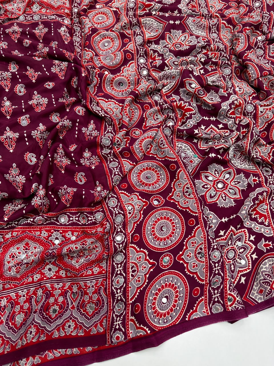 Impressive Party Wear Pure Satin Silk Ajrak Printed Rich Pallu n Mirror Work Fancy Saree With Blouse Piece