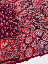Load image into Gallery viewer, Impressive Party Wear Pure Satin Silk Ajrak Printed Rich Pallu n Mirror Work Fancy Saree With Blouse Piece
