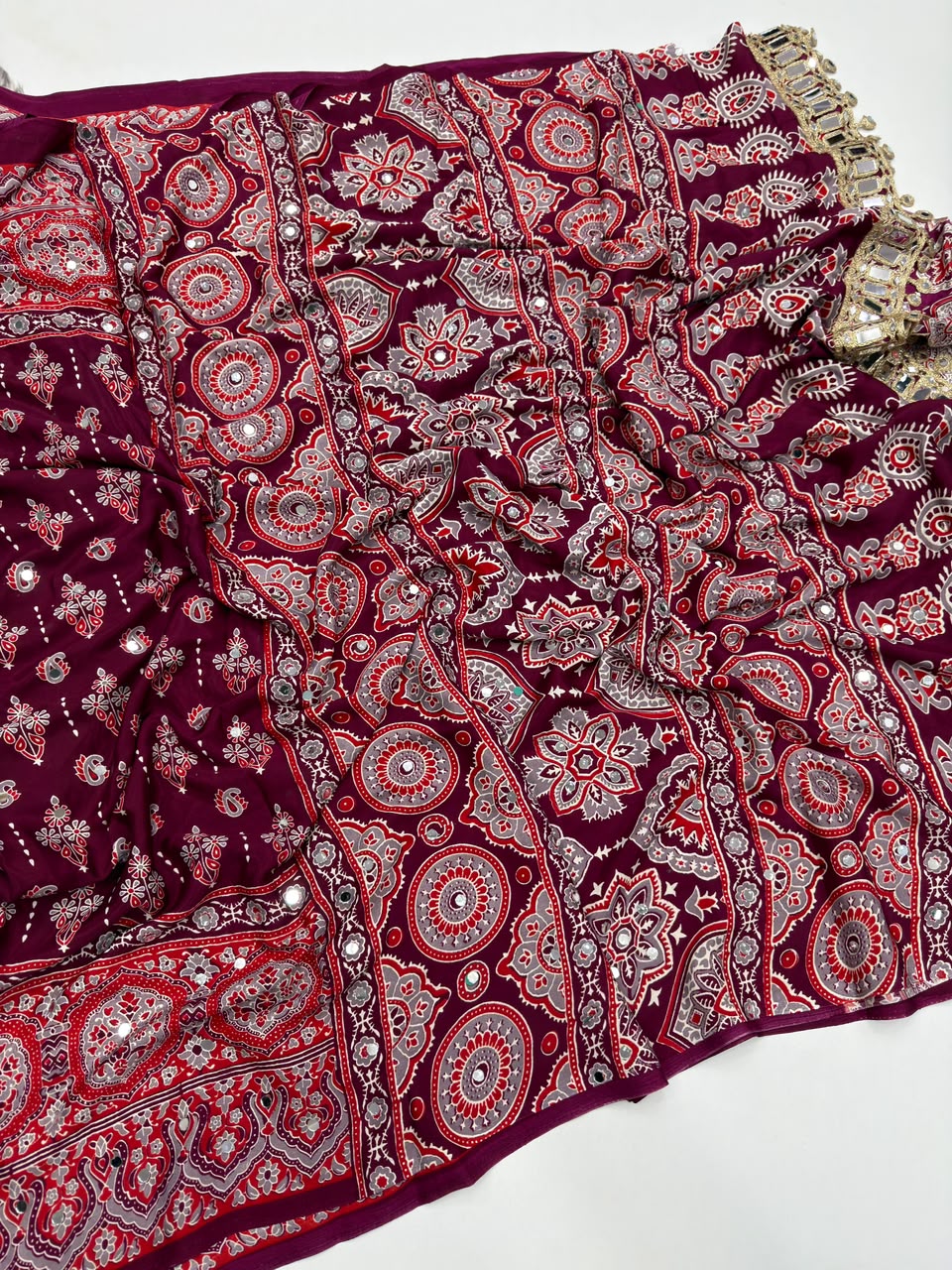 Impressive Party Wear Pure Satin Silk Ajrak Printed Rich Pallu n Mirror Work Fancy Saree With Blouse Piece