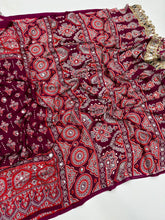 Load image into Gallery viewer, Impressive Party Wear Pure Satin Silk Ajrak Printed Rich Pallu n Mirror Work Fancy Saree With Blouse Piece
