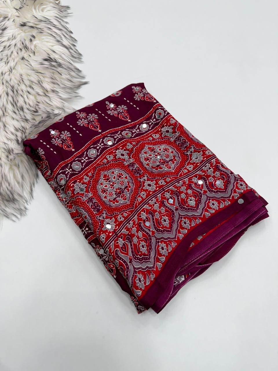 Impressive Party Wear Pure Satin Silk Ajrak Printed Rich Pallu n Mirror Work Fancy Saree With Blouse Piece