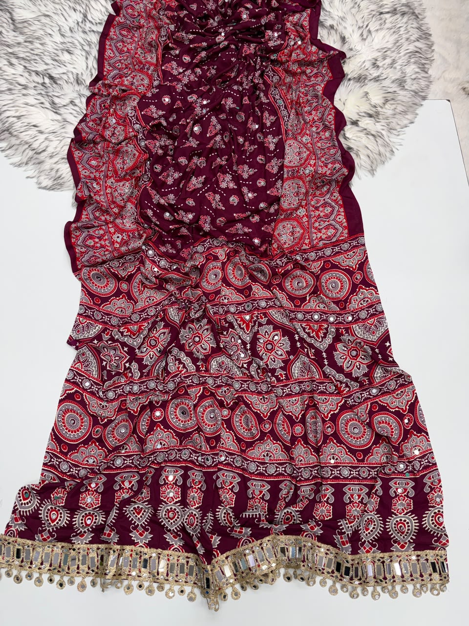 Impressive Party Wear Pure Satin Silk Ajrak Printed Rich Pallu n Mirror Work Fancy Saree With Blouse Piece