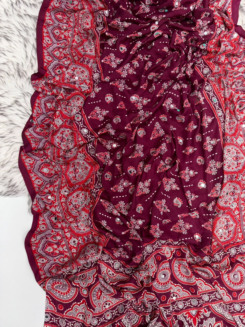 Impressive Party Wear Pure Satin Silk Ajrak Printed Rich Pallu n Mirror Work Fancy Saree With Blouse Piece